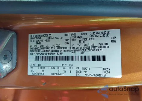 2016 Ford Escape Titanium z USA, uszkodzony, nr VIN 1FMCU9J93GUA18235